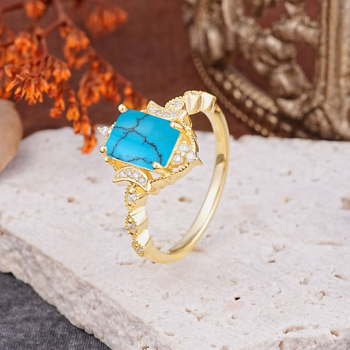 Classic Sparkling Radiant Cut Turquoise Engagement Ring with Vintage Halo    - Additional view