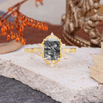 Classic Sparkling Radiant Cut Black Rutilated Quartz Engagement Ring with Vintage Halo    - Additional view