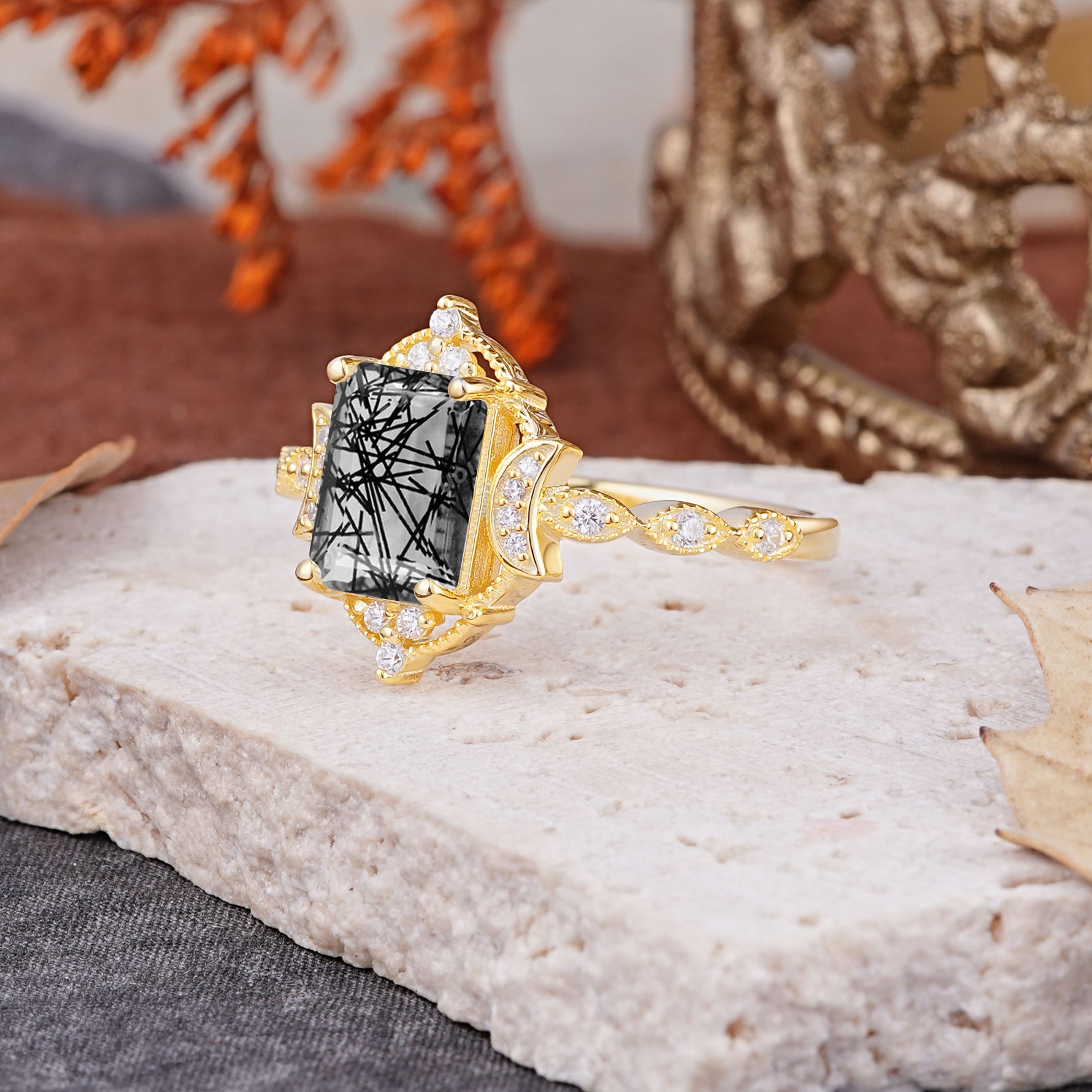 Classic Sparkling Radiant Cut Black Rutilated Quartz Engagement Ring with Vintage Halo    - Additional view