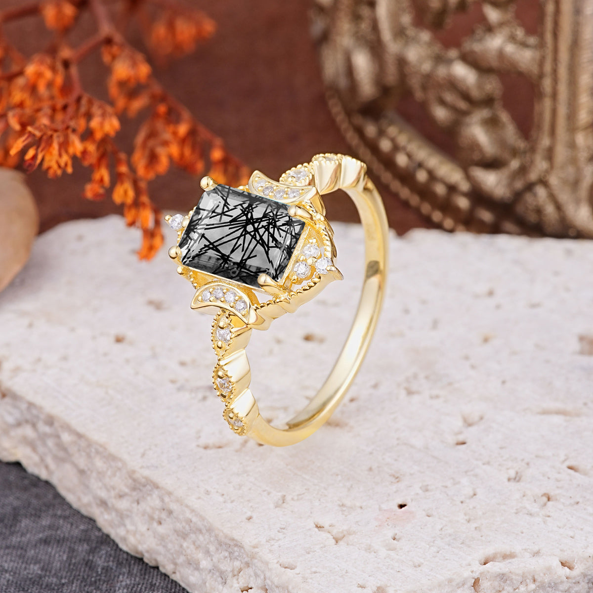 Classic Sparkling Radiant Cut Black Rutilated Quartz Engagement Ring with Vintage Halo    - Additional view