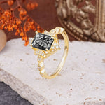 Classic Sparkling Radiant Cut Black Rutilated Quartz Engagement Ring with Vintage Halo    - Additional view