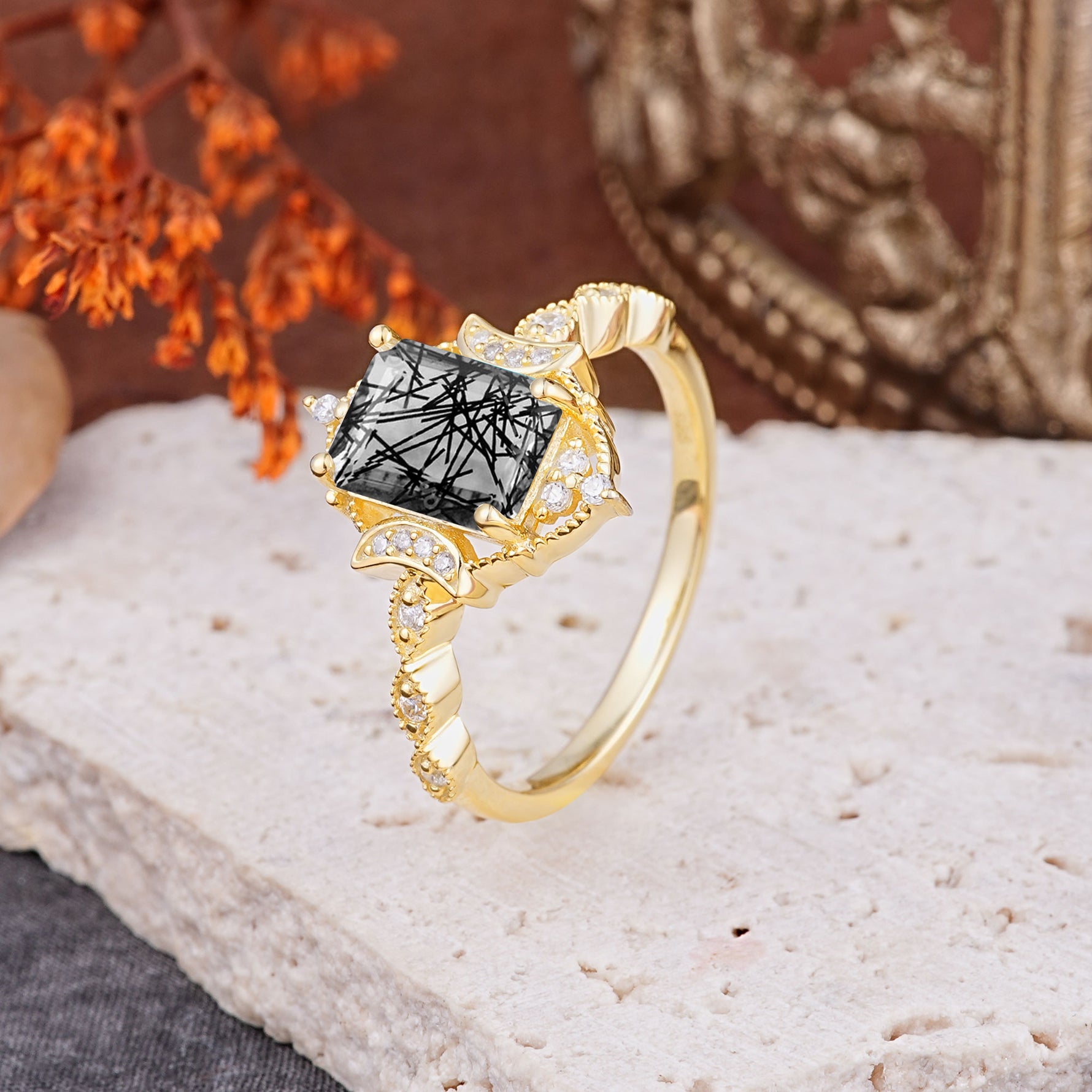 Classic Sparkling Radiant Cut Black Rutilated Quartz Engagement Ring with Vintage Halo    - Additional view