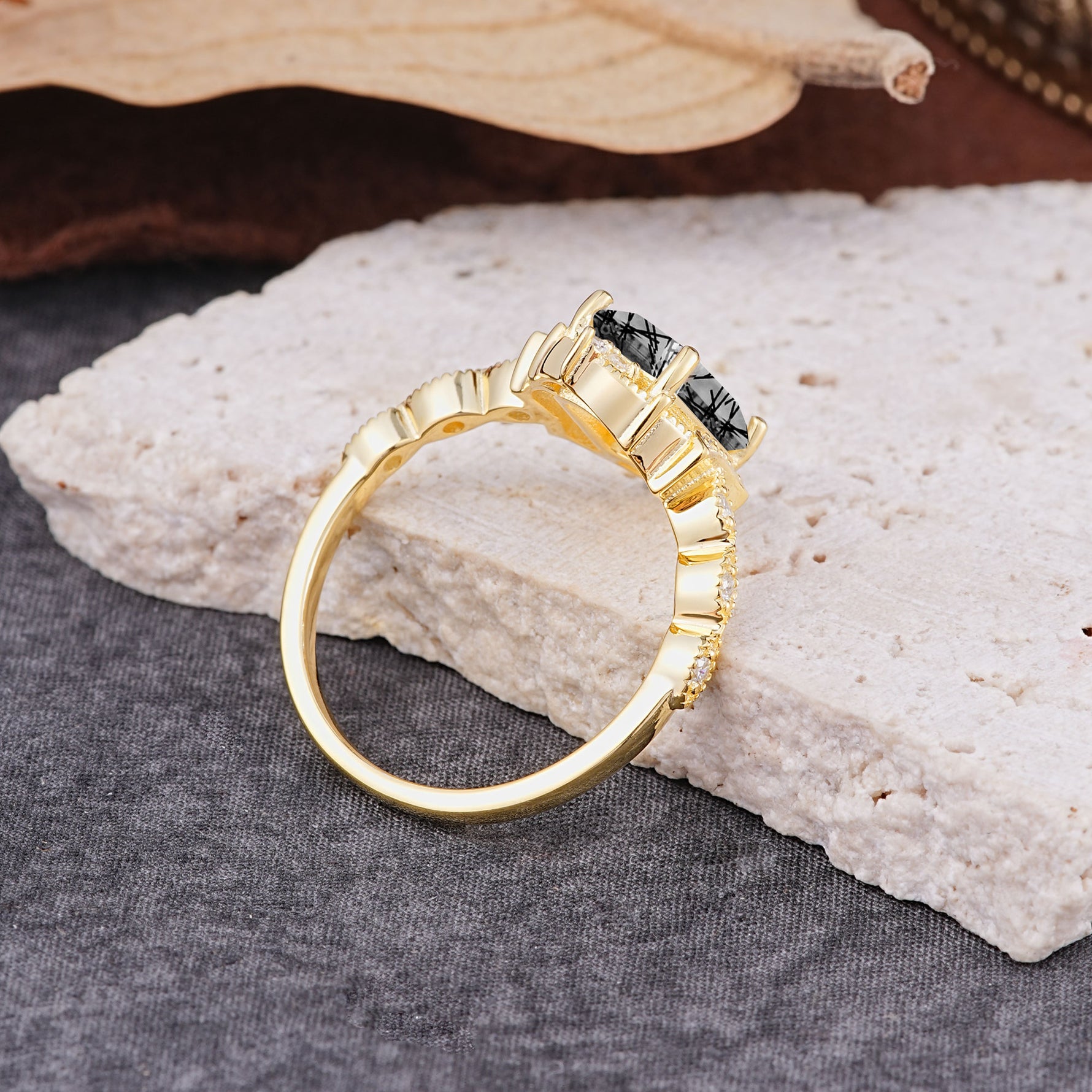 Classic Sparkling Radiant Cut Black Rutilated Quartz Engagement Ring with Vintage Halo    - Additional view