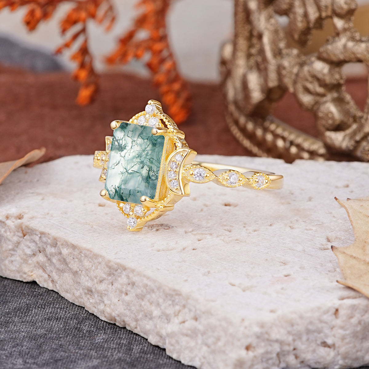 Classic Sparkling Radiant Cut Moss Agate Engagement Ring with Vintage Halo    - Additional view