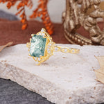 Classic Sparkling Radiant Cut Moss Agate Engagement Ring with Vintage Halo    - Additional view