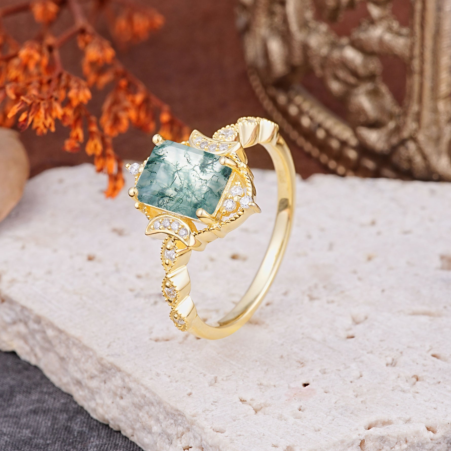 Classic Sparkling Radiant Cut Moss Agate Engagement Ring with Vintage Halo    - Additional view