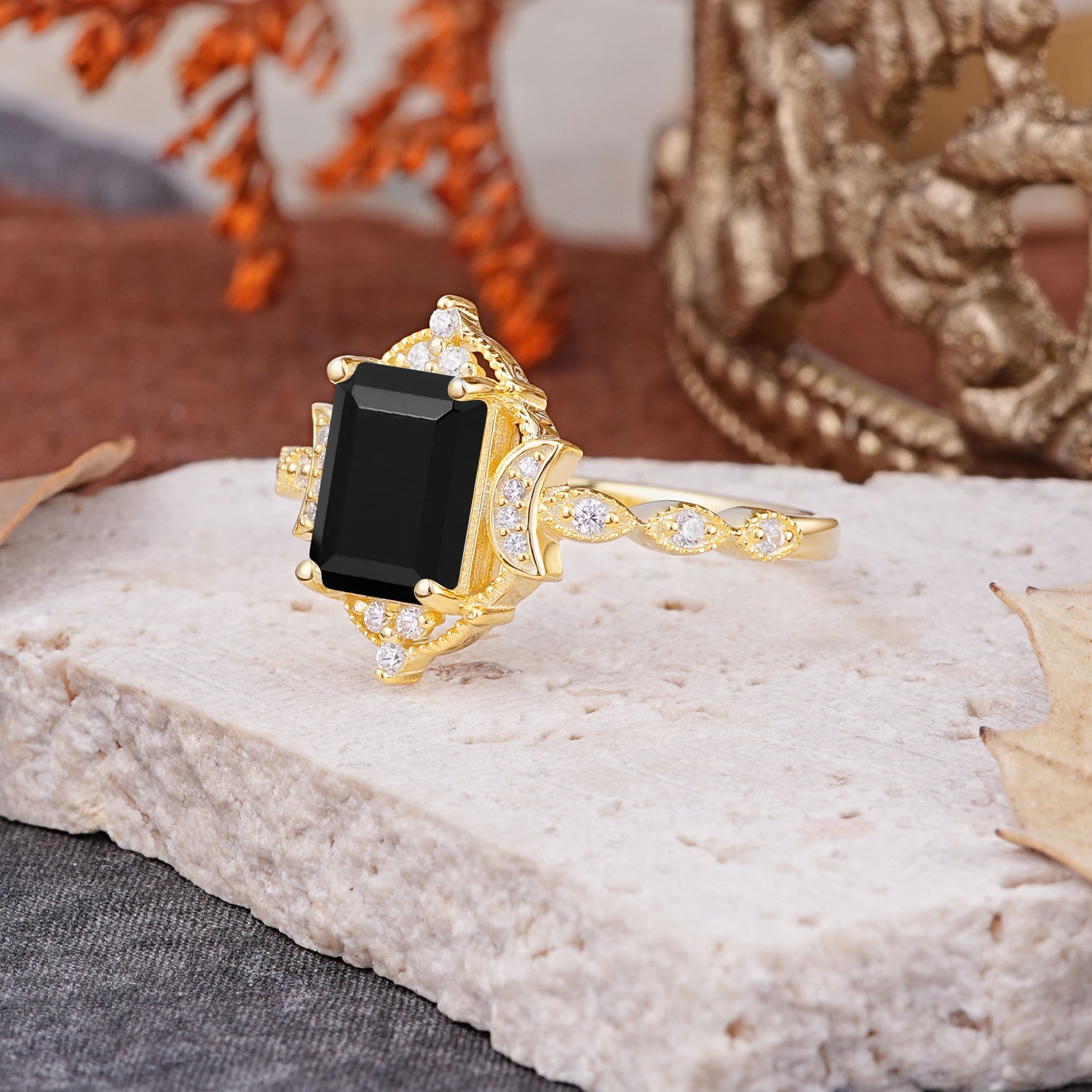 Classic Sparkling Radiant Cut Black Onyx Engagement Ring with Vintage Halo    - Additional view