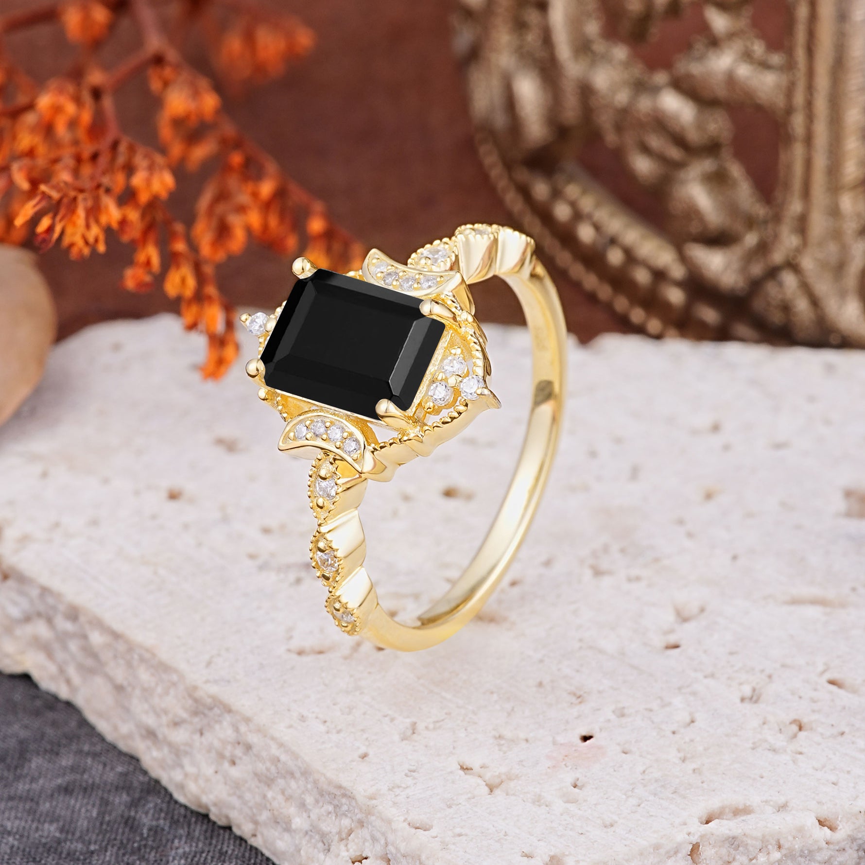 Classic Sparkling Radiant Cut Black Onyx Engagement Ring with Vintage Halo    - Additional view