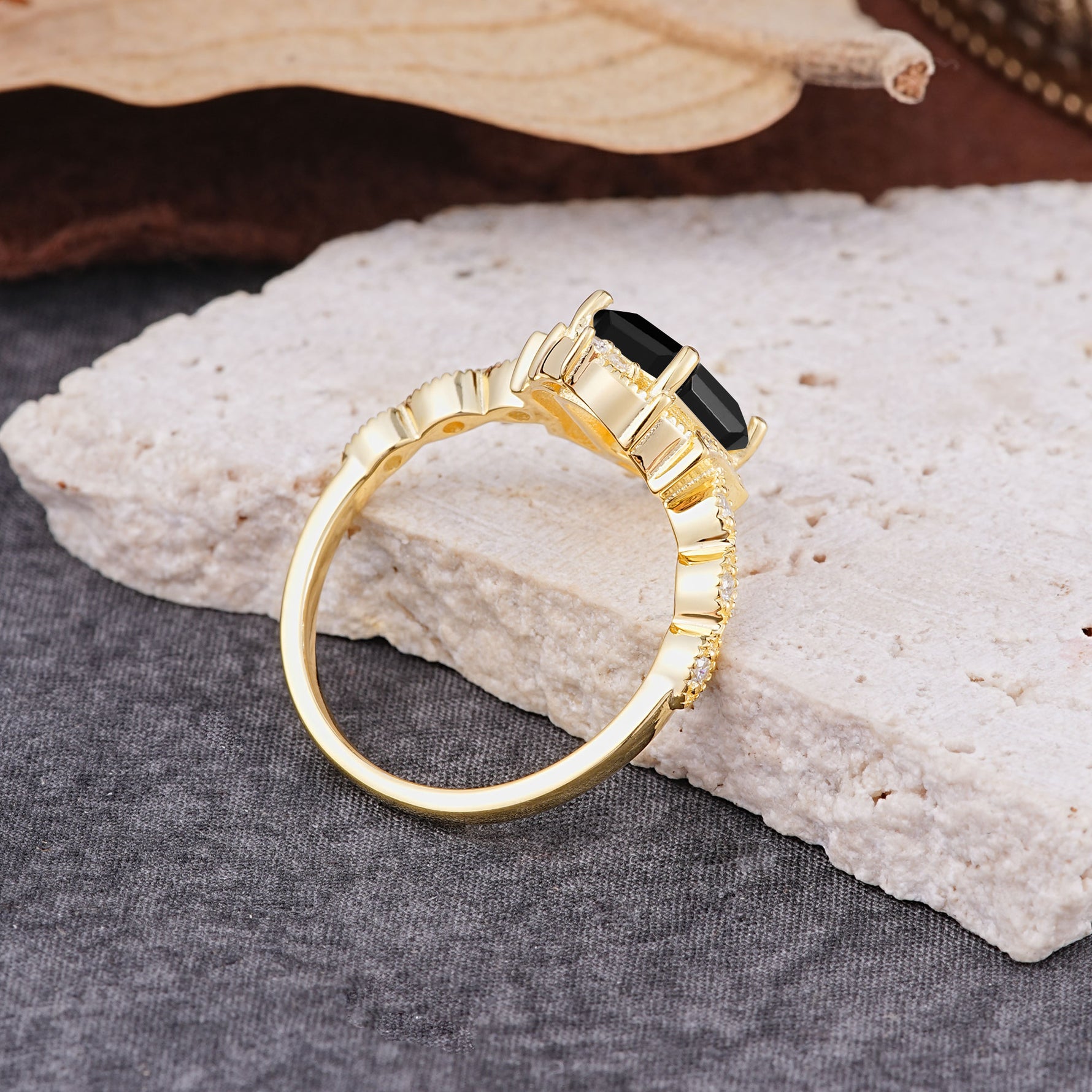 Classic Sparkling Radiant Cut Black Onyx Engagement Ring with Vintage Halo    - Additional view
