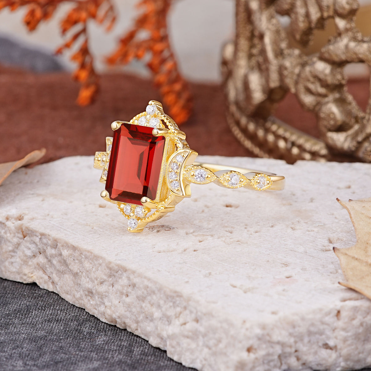 Classic Sparkling Radiant Cut Garnet Engagement Ring with Vintage Halo    - Additional view