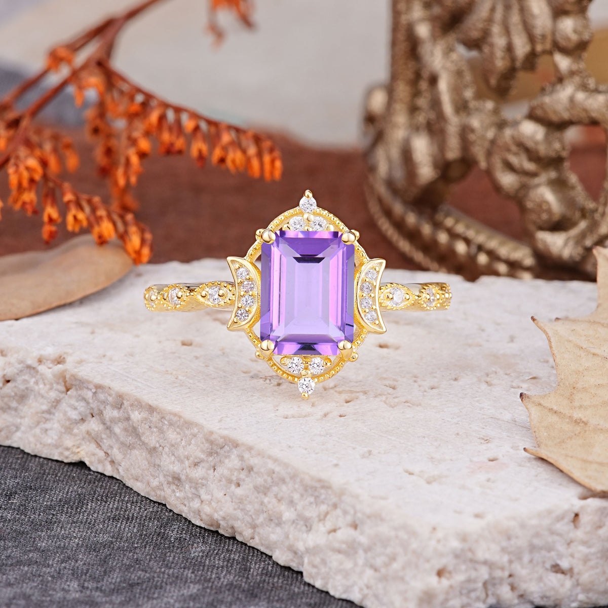 Classic Sparkling Radiant Cut Amethyst Engagement Ring with Vintage Halo    - Additional view