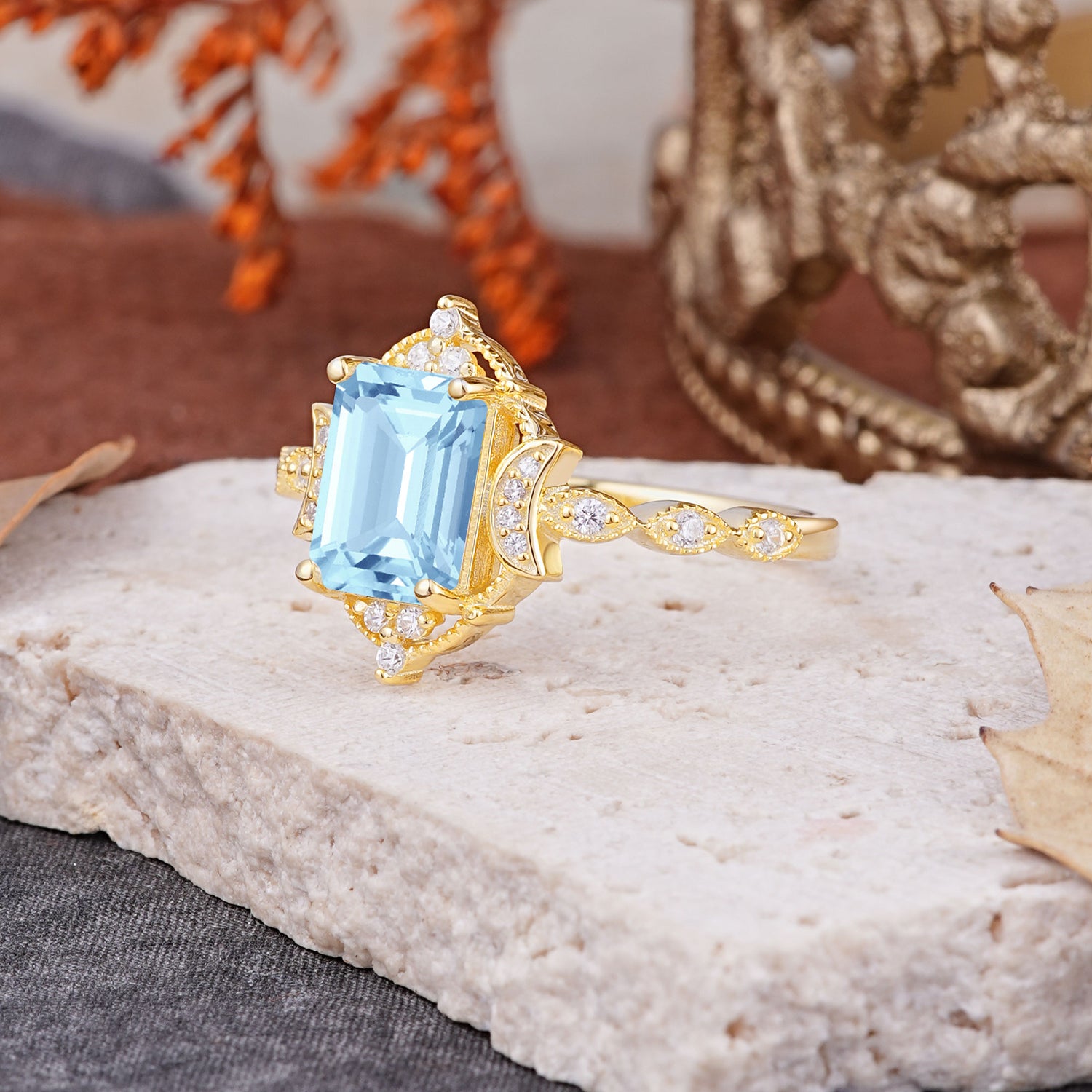 Classic Sparkling Radiant Cut Aquamarine Engagement Ring with Vintage Halo    - Additional view