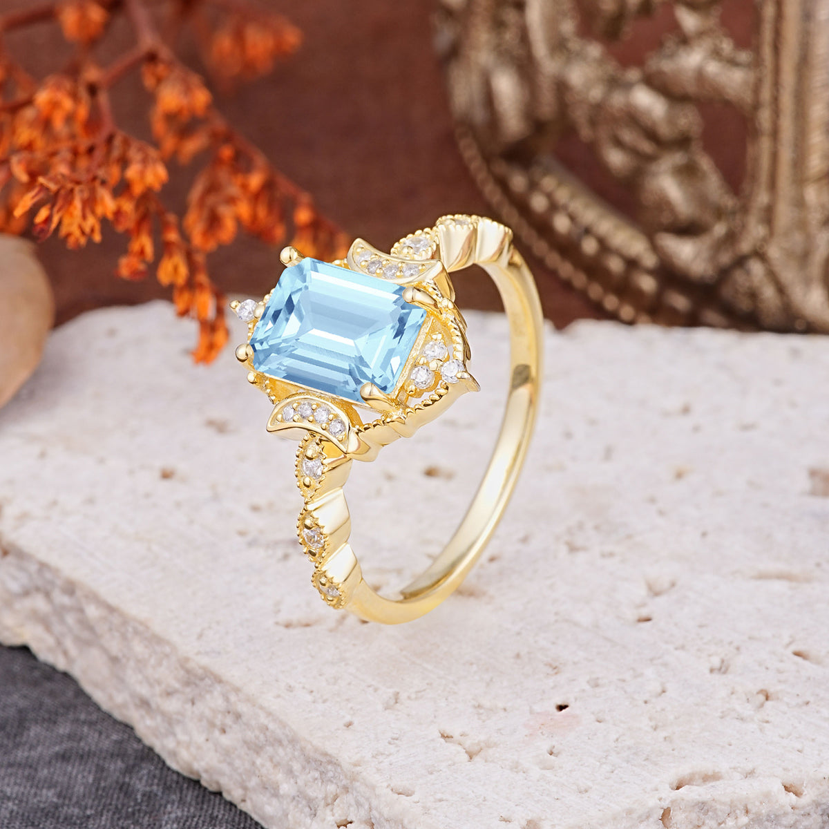 Classic Sparkling Radiant Cut Aquamarine Engagement Ring with Vintage Halo    - Additional view