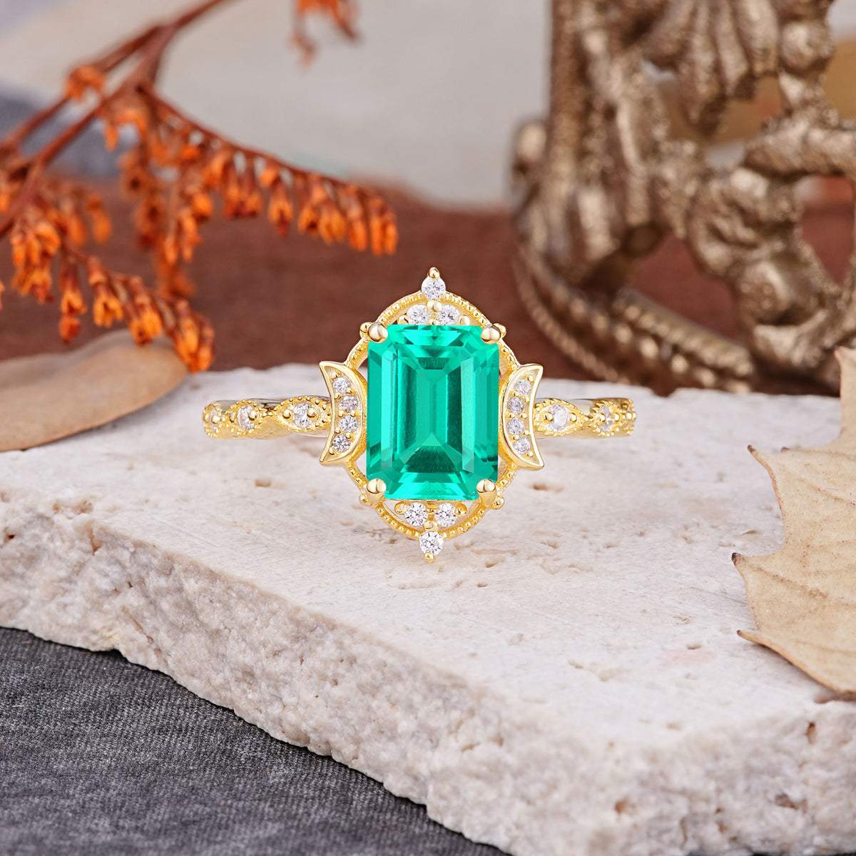 Classic Sparkling Radiant Cut Emerald Engagement Ring with Vintage Halo    - Additional view