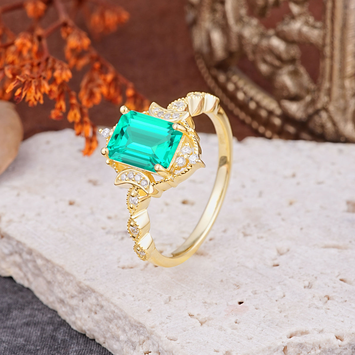 Classic Sparkling Radiant Cut Emerald Engagement Ring with Vintage Halo    - Additional view