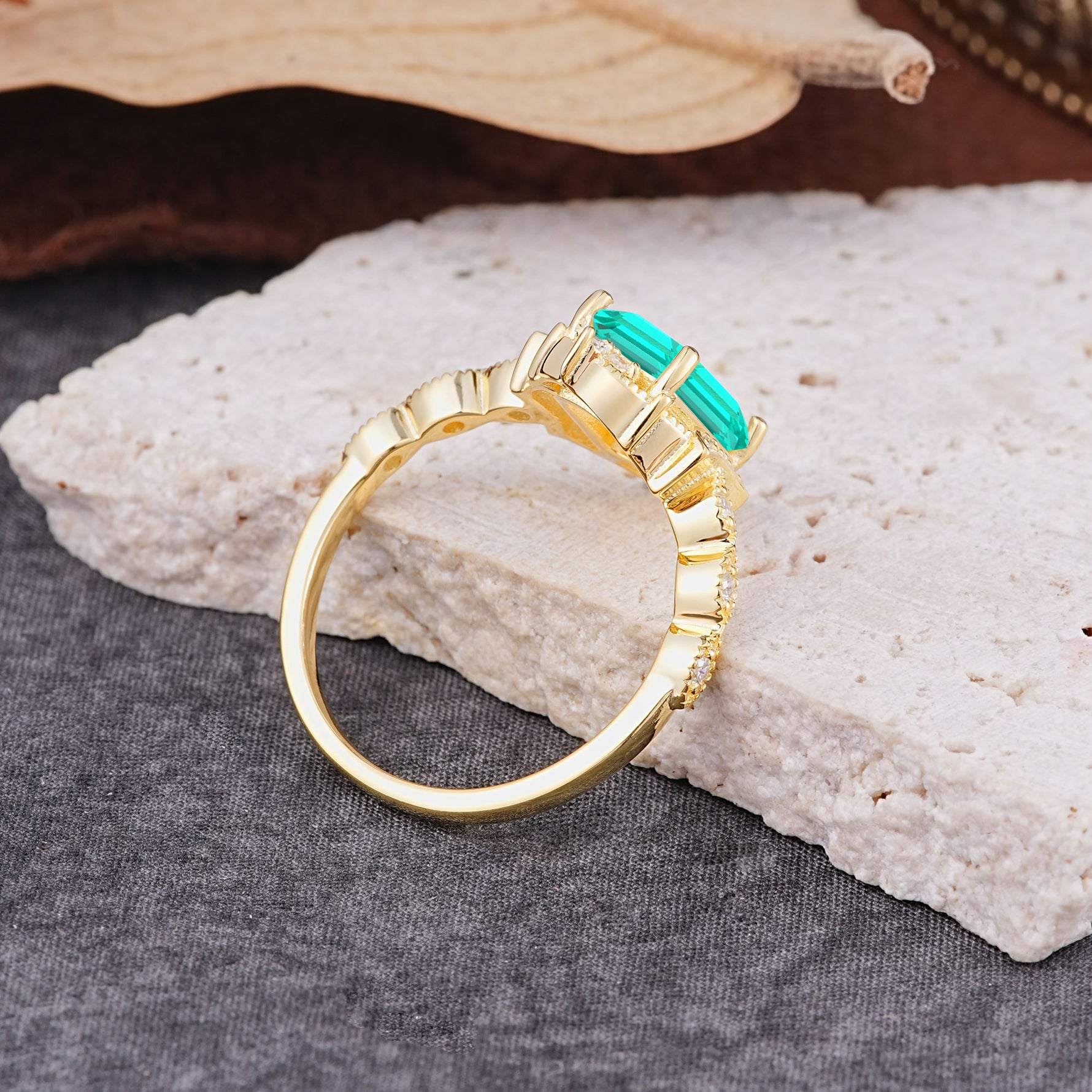Classic Sparkling Radiant Cut Emerald Engagement Ring with Vintage Halo    - Additional view