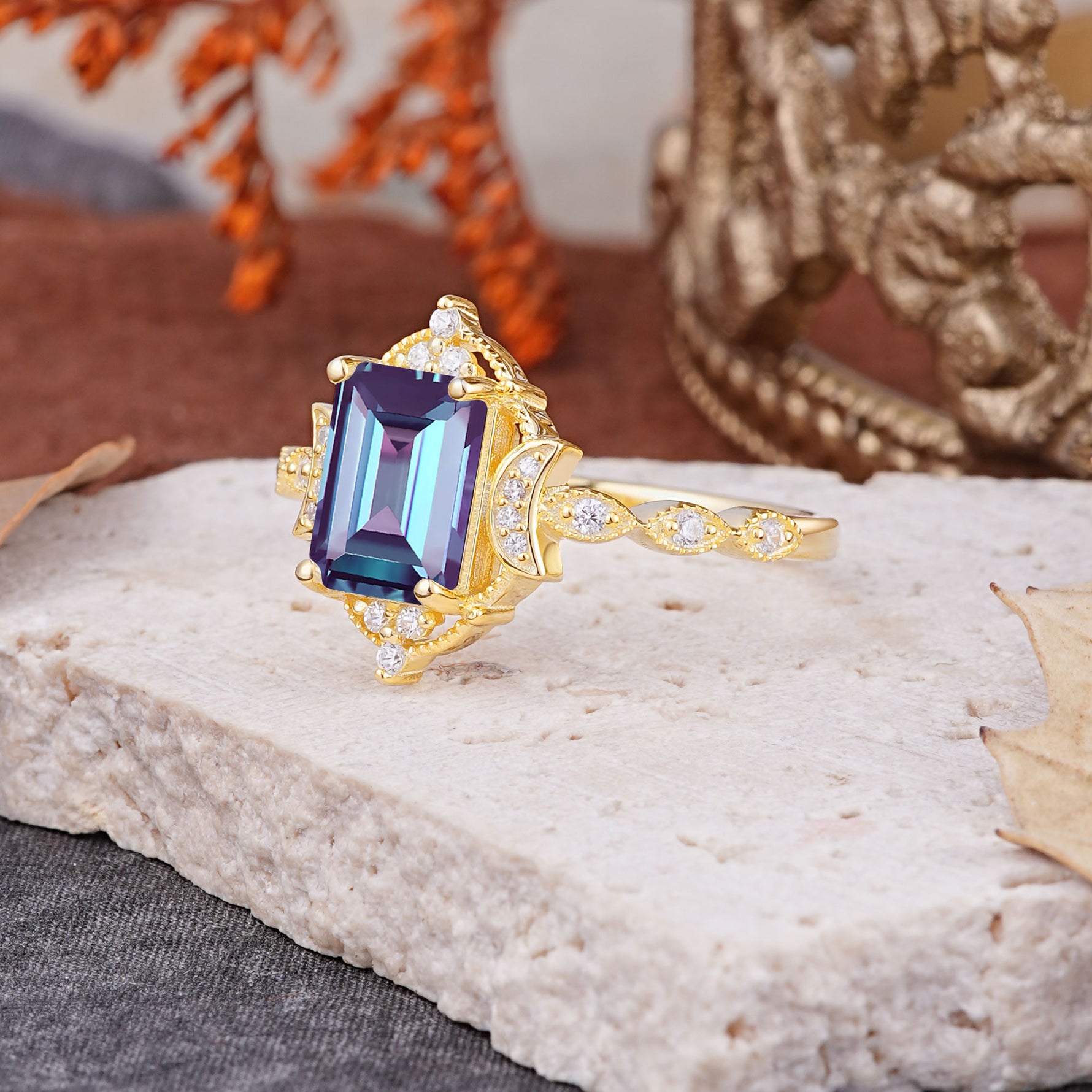Classic Sparkling Radiant Cut Alexandrite Engagement Ring with Vintage Halo    - Additional view