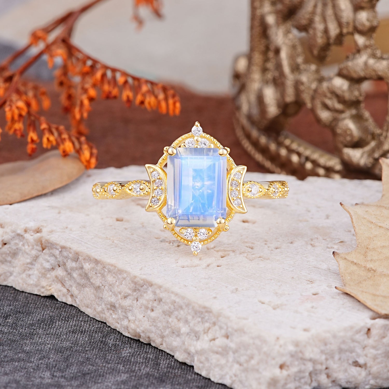 Classic Sparkling Radiant Cut Moonstone Engagement Ring with Vintage Halo    - Additional view