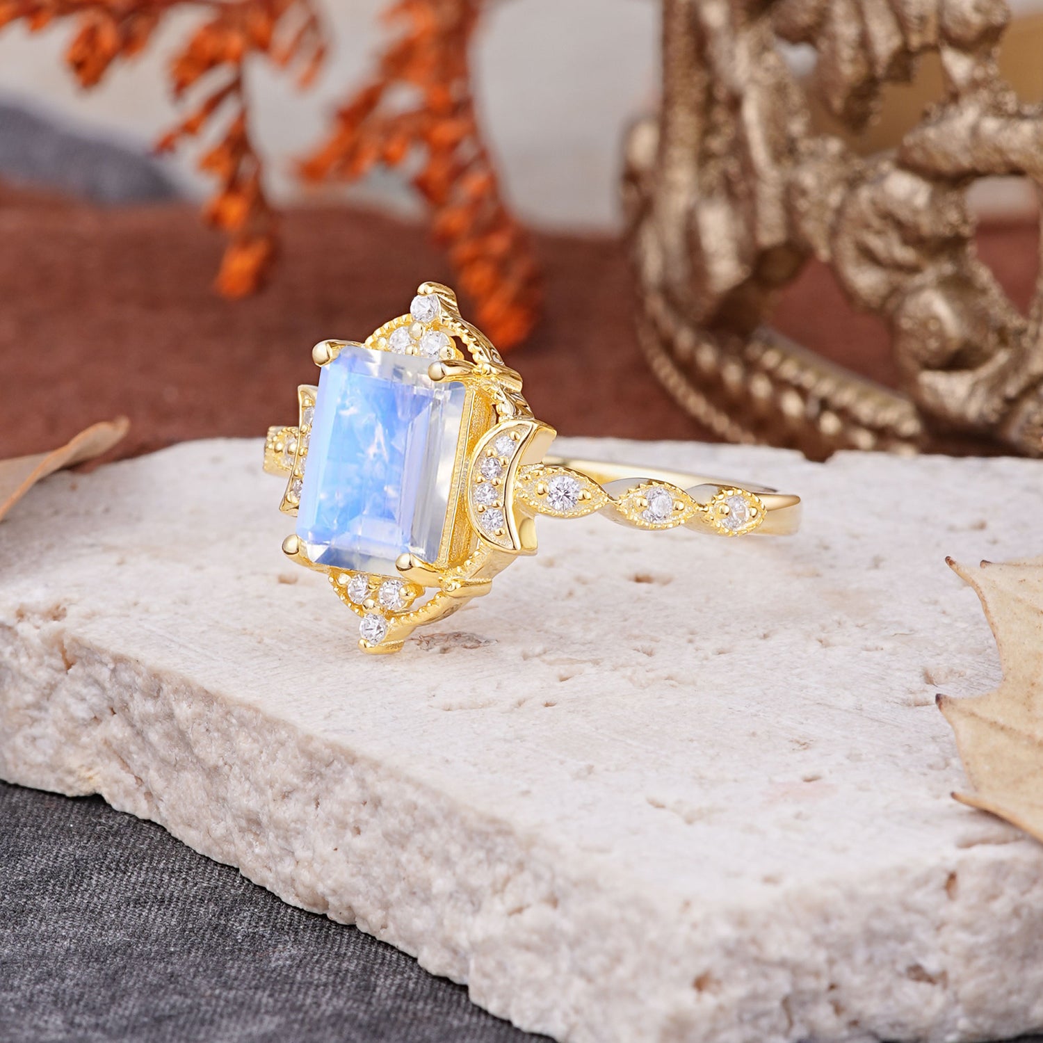 Classic Sparkling Radiant Cut Moonstone Engagement Ring with Vintage Halo    - Additional view