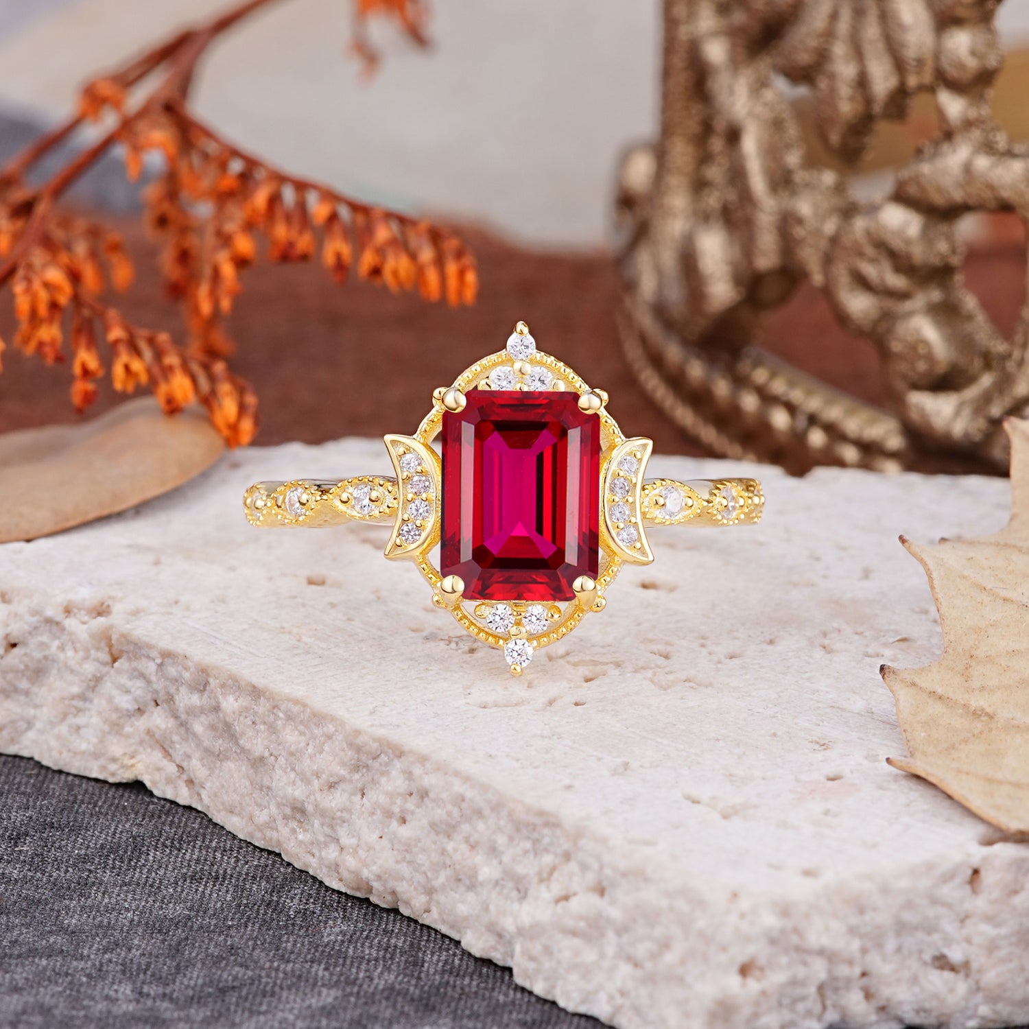 Classic Sparkling Radiant Cut Ruby Engagement Ring with Vintage Halo    - Additional view