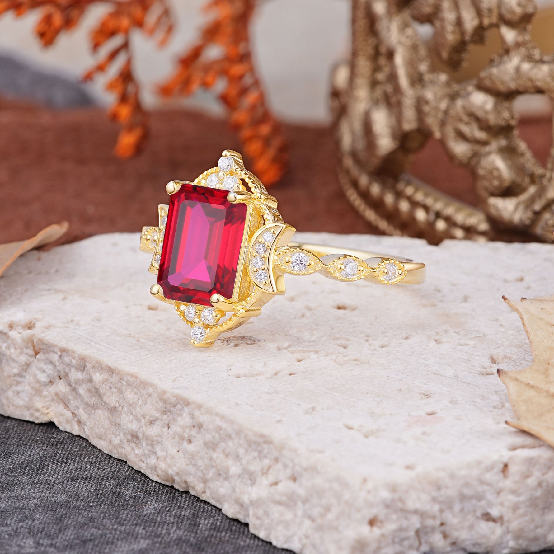 Classic Sparkling Radiant Cut Ruby Engagement Ring with Vintage Halo    - Additional view