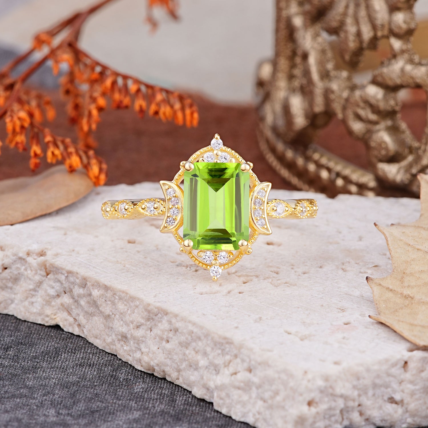 Classic Sparkling Radiant Cut Peridot Engagement Ring with Vintage Halo    - Additional view