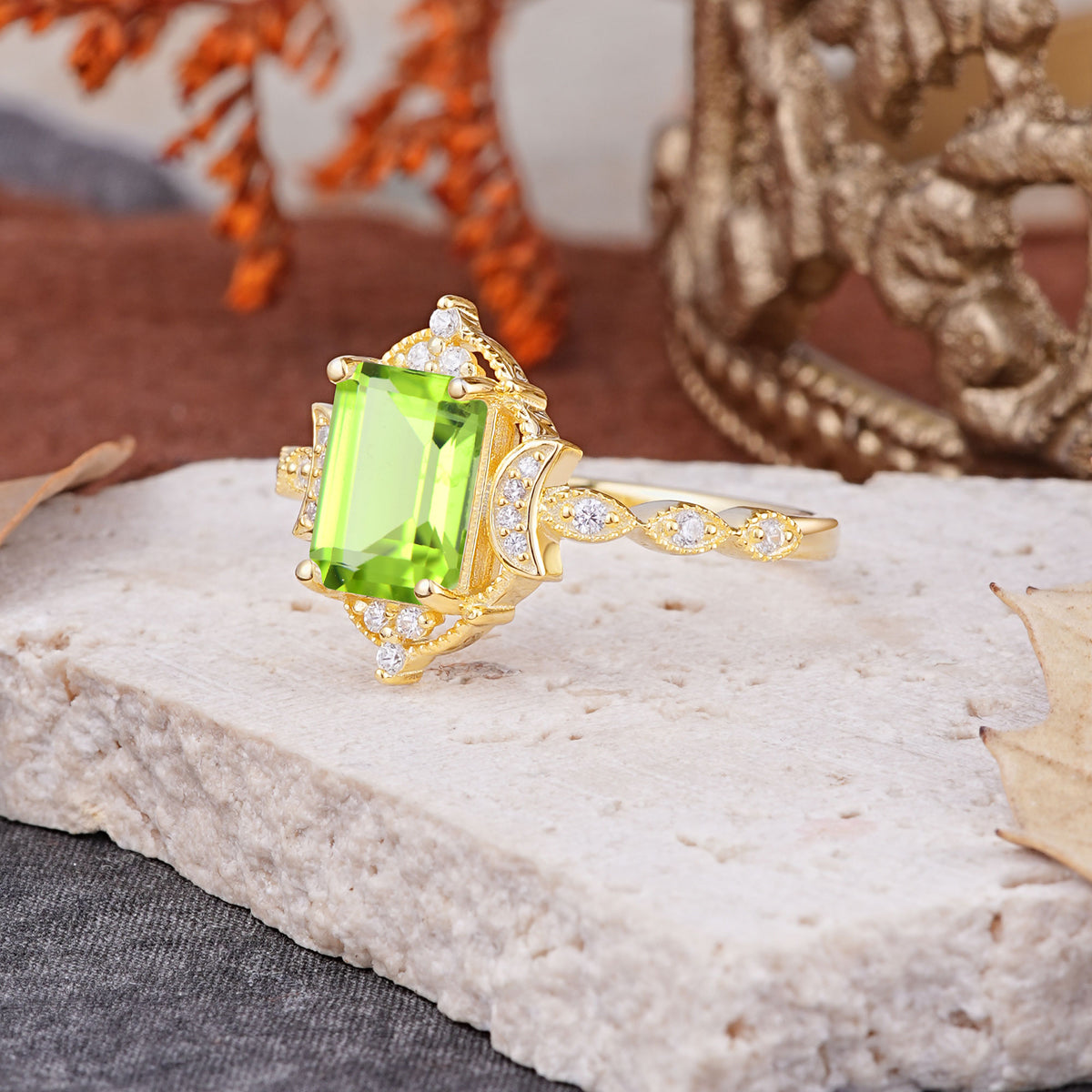 Classic Sparkling Radiant Cut Peridot Engagement Ring with Vintage Halo    - Additional view