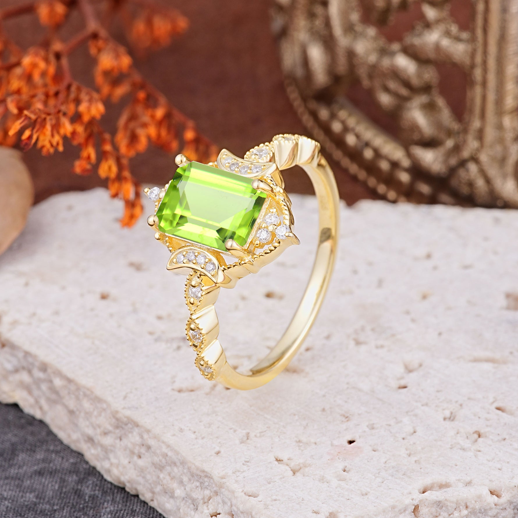 Classic Sparkling Radiant Cut Peridot Engagement Ring with Vintage Halo    - Additional view