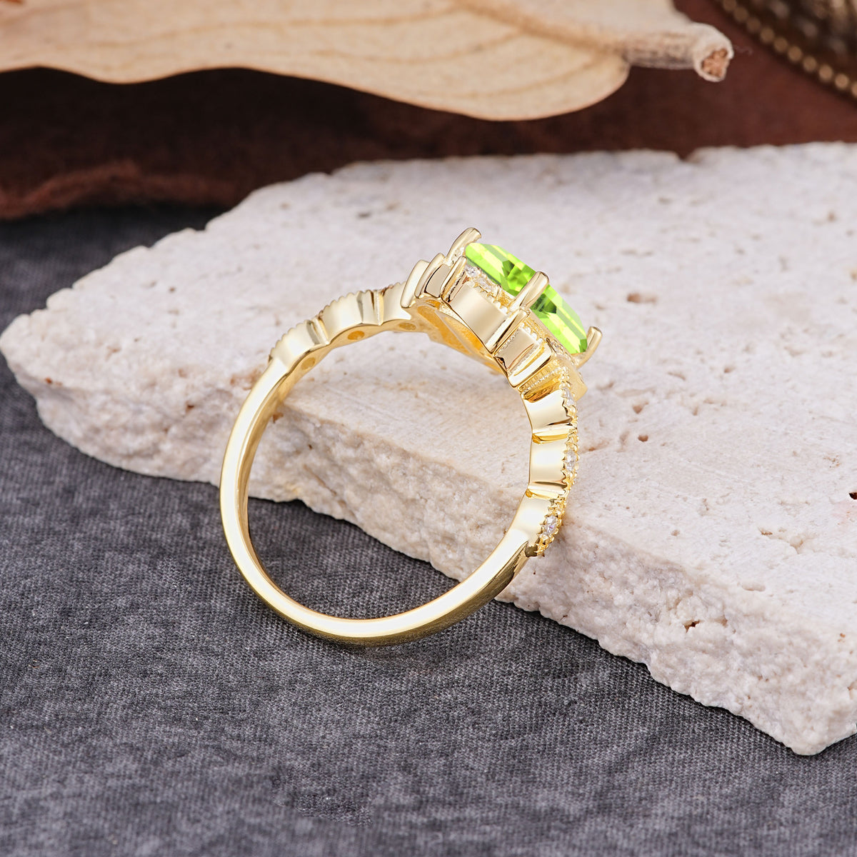 Classic Sparkling Radiant Cut Peridot Engagement Ring with Vintage Halo    - Additional view