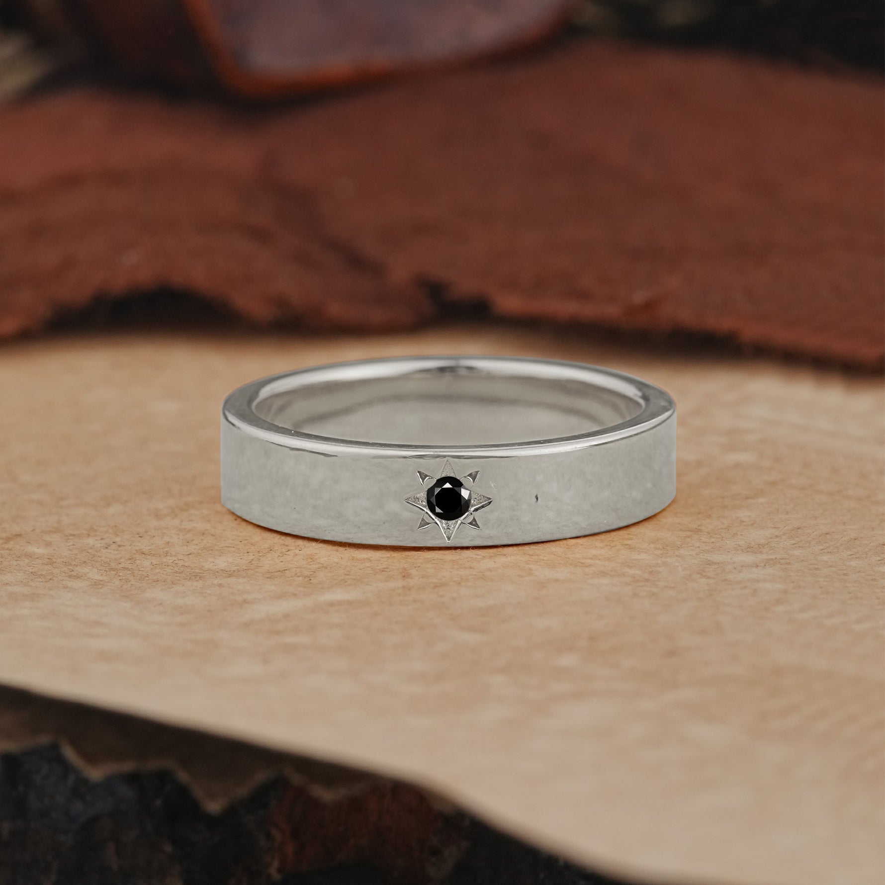 Vintage Starburst Single Black Onyx Domed Wedding Band - Additional view