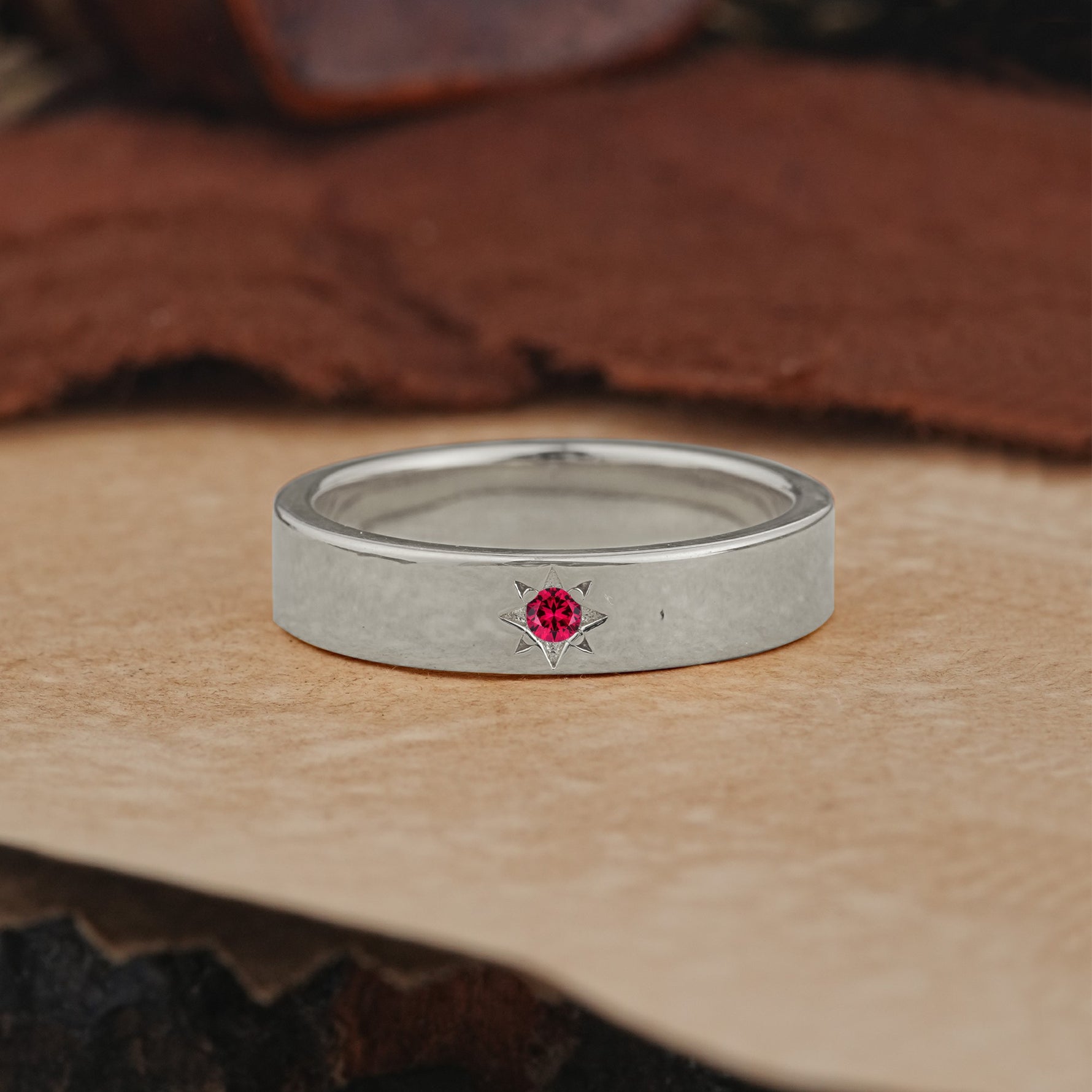 Vintage Starburst Single Ruby Domed Wedding Band - Additional view
