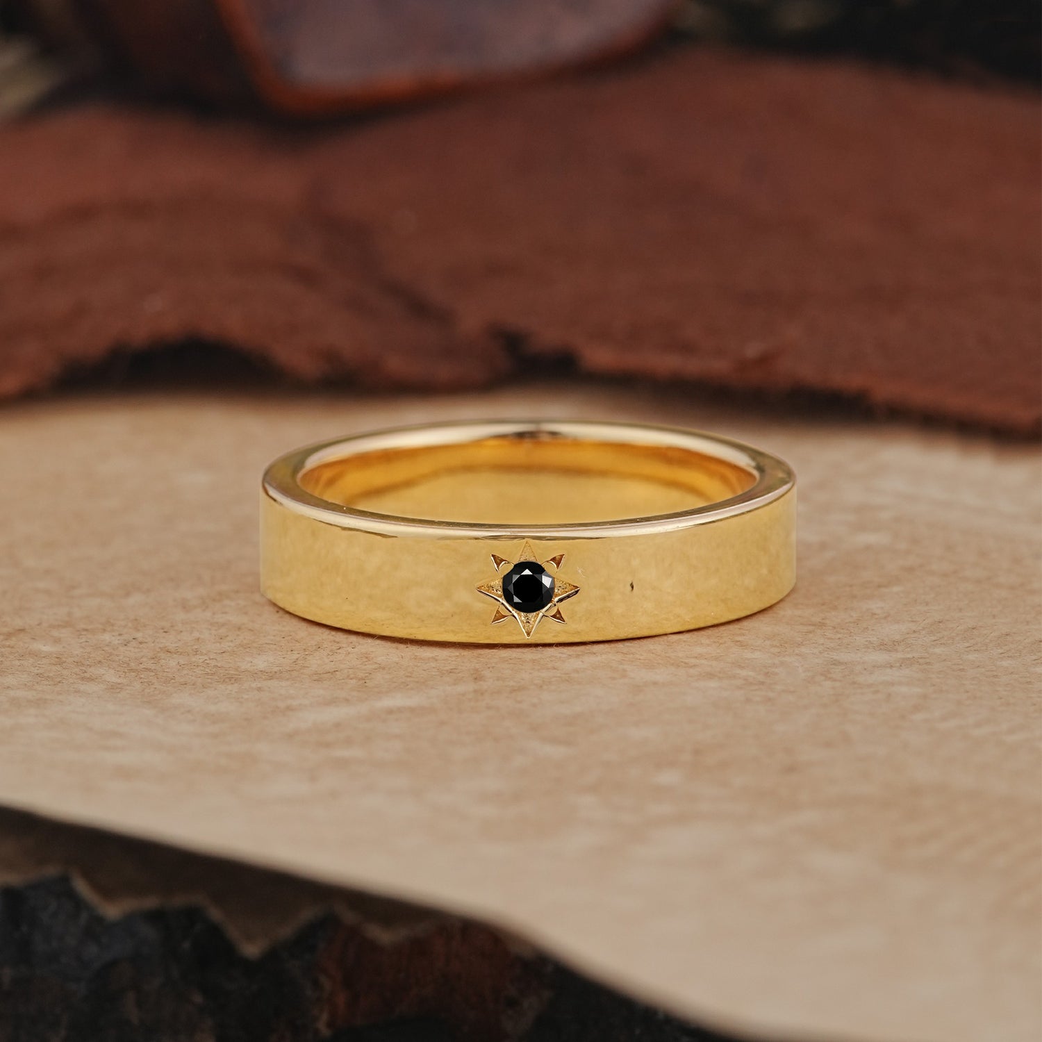 Vintage Starburst Single Black Onyx Domed Wedding Band