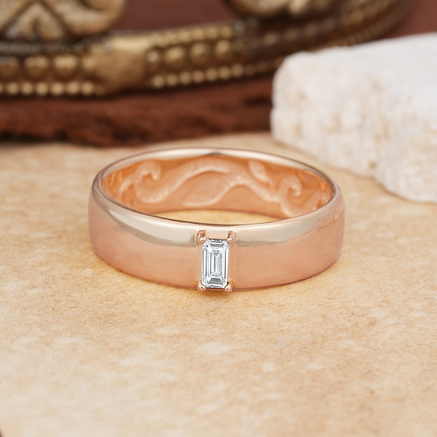 Vintage Emerald Cut Single Moissanite Domed Wedding Band - Additional view