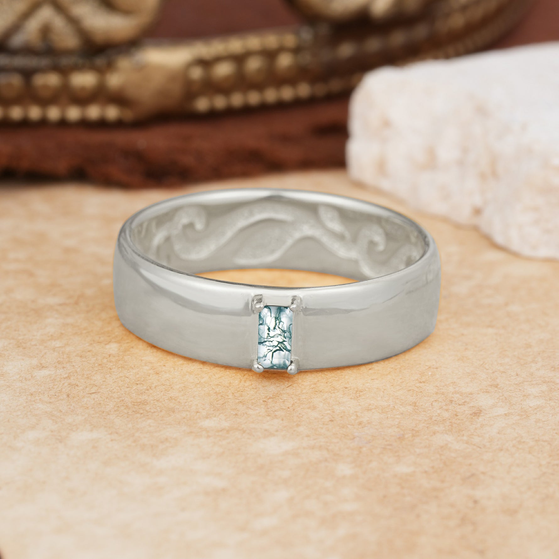 Vintage Emerald Cut Single Moss Agate Domed Wedding Band - Additional view
