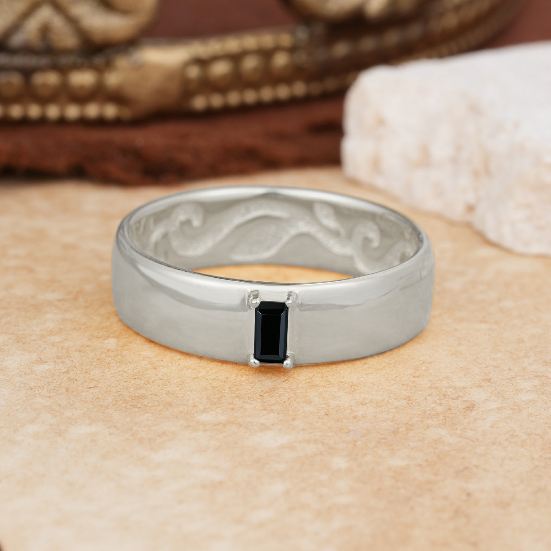 Vintage Emerald Cut Single Black Onyx Domed Wedding Band - Additional view