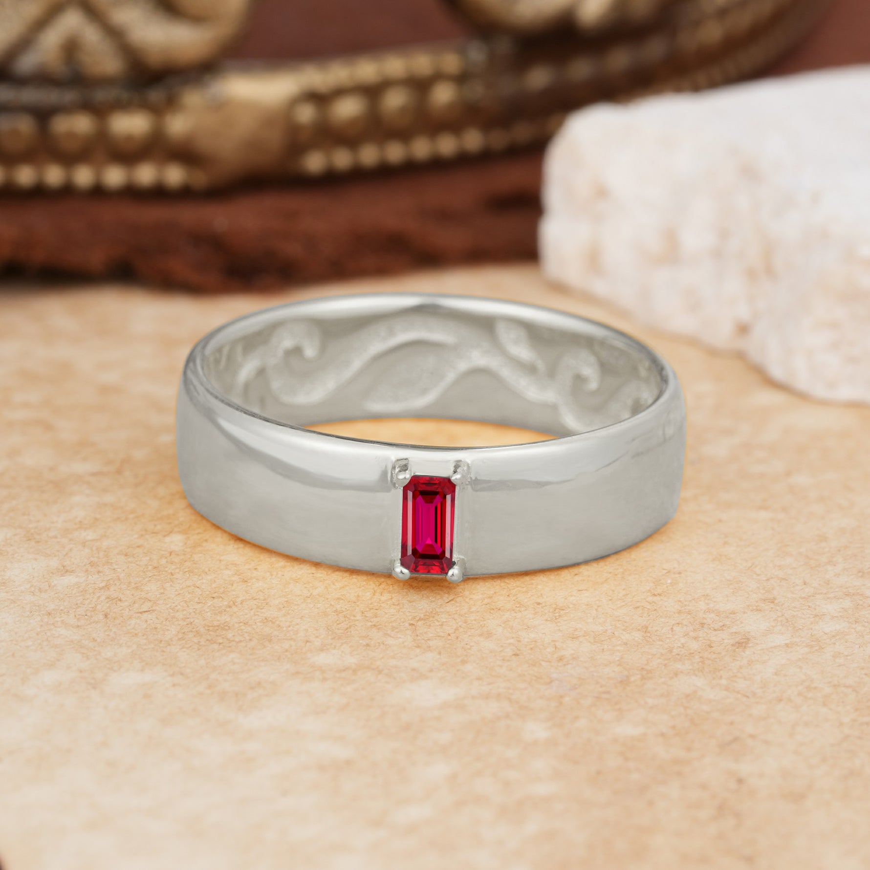 Vintage Emerald Cut Single Ruby Domed Wedding Band - Additional view