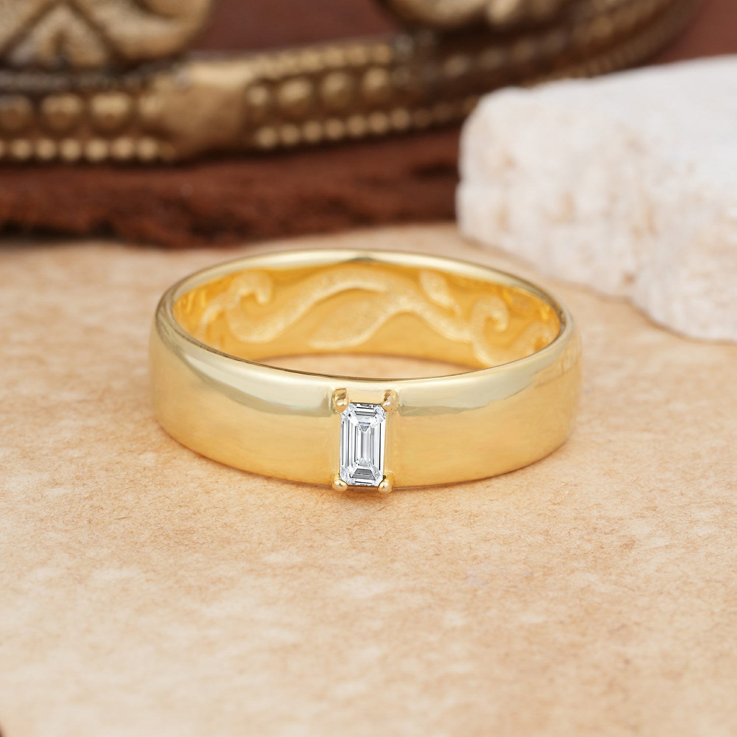 Vintage Emerald Cut Single Moissanite Domed Wedding Band