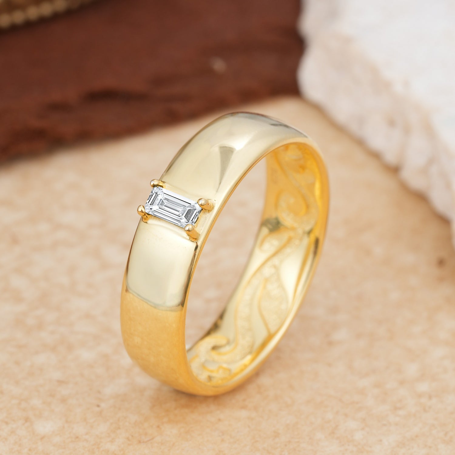 Vintage Emerald Cut Single Lab Diamond Domed Wedding Band