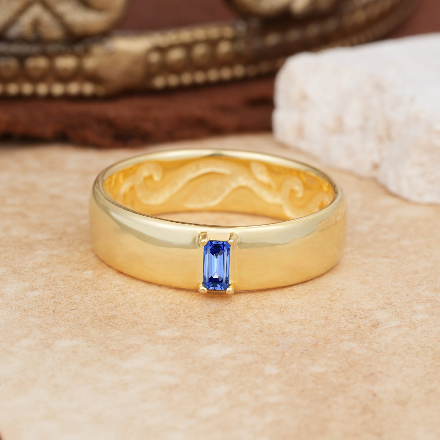 Vintage Emerald Cut Single Sapphire Domed Wedding Band