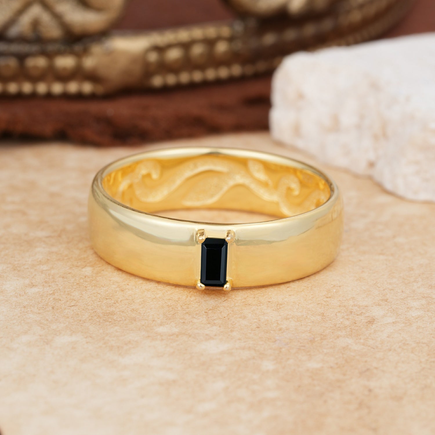 Vintage Emerald Cut Single Black Onyx Domed Wedding Band