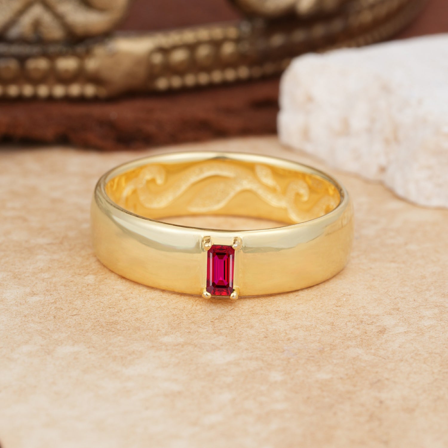Vintage Emerald Cut Single Ruby Domed Wedding Band