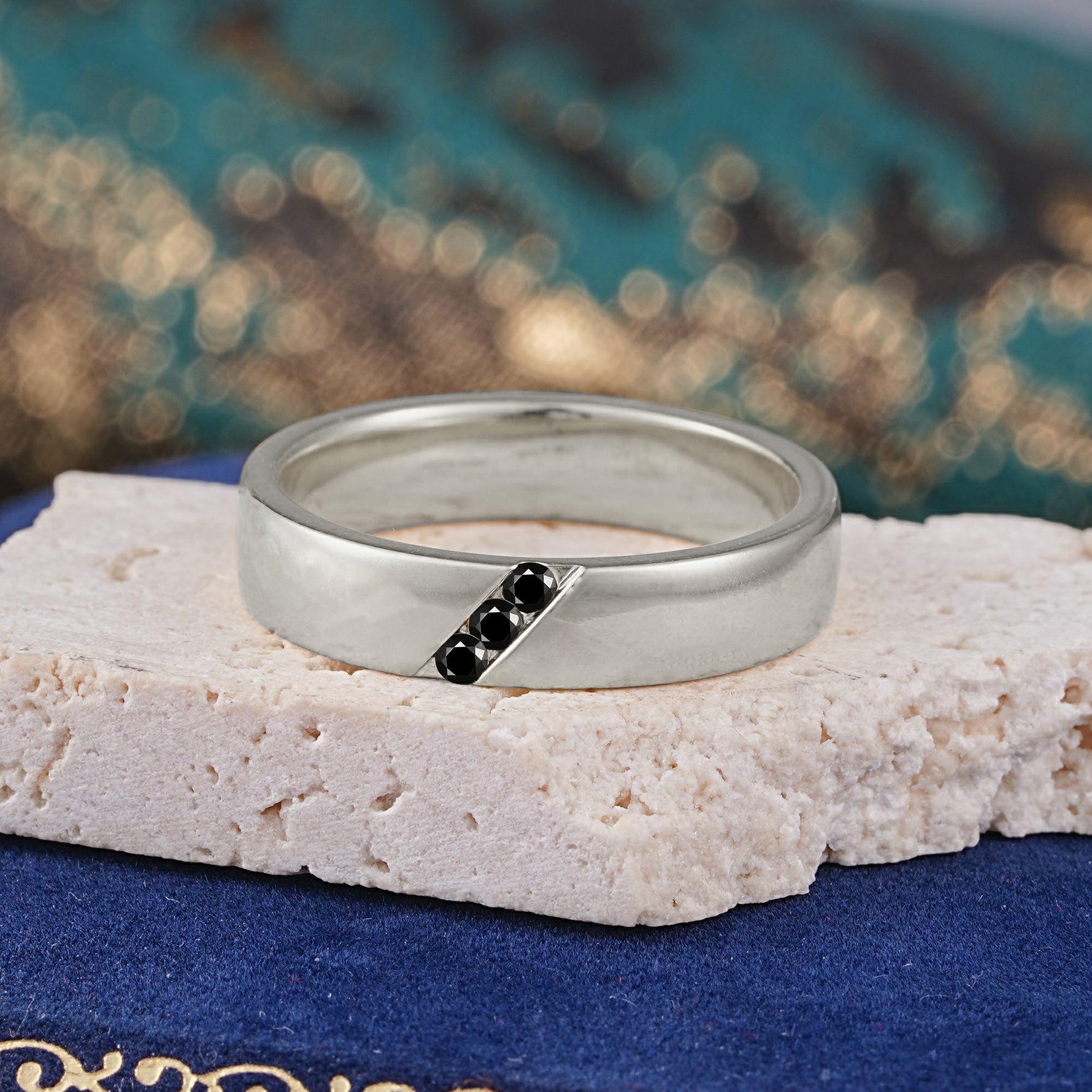 Vintage Three Stone Diagonal Black Onyx Wedding Band - Additional view