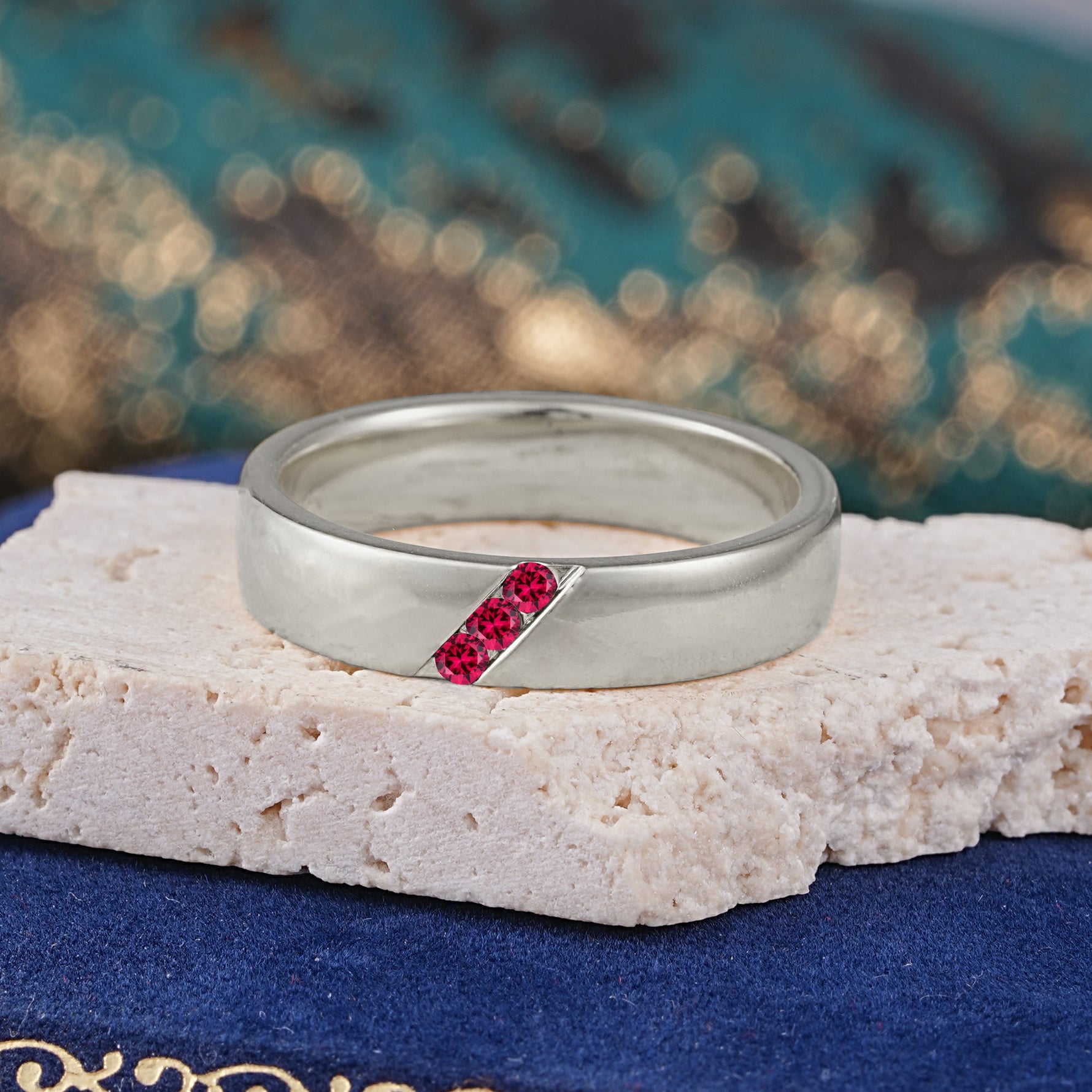 Vintage Three Stone Diagonal Ruby Wedding Band - Additional view