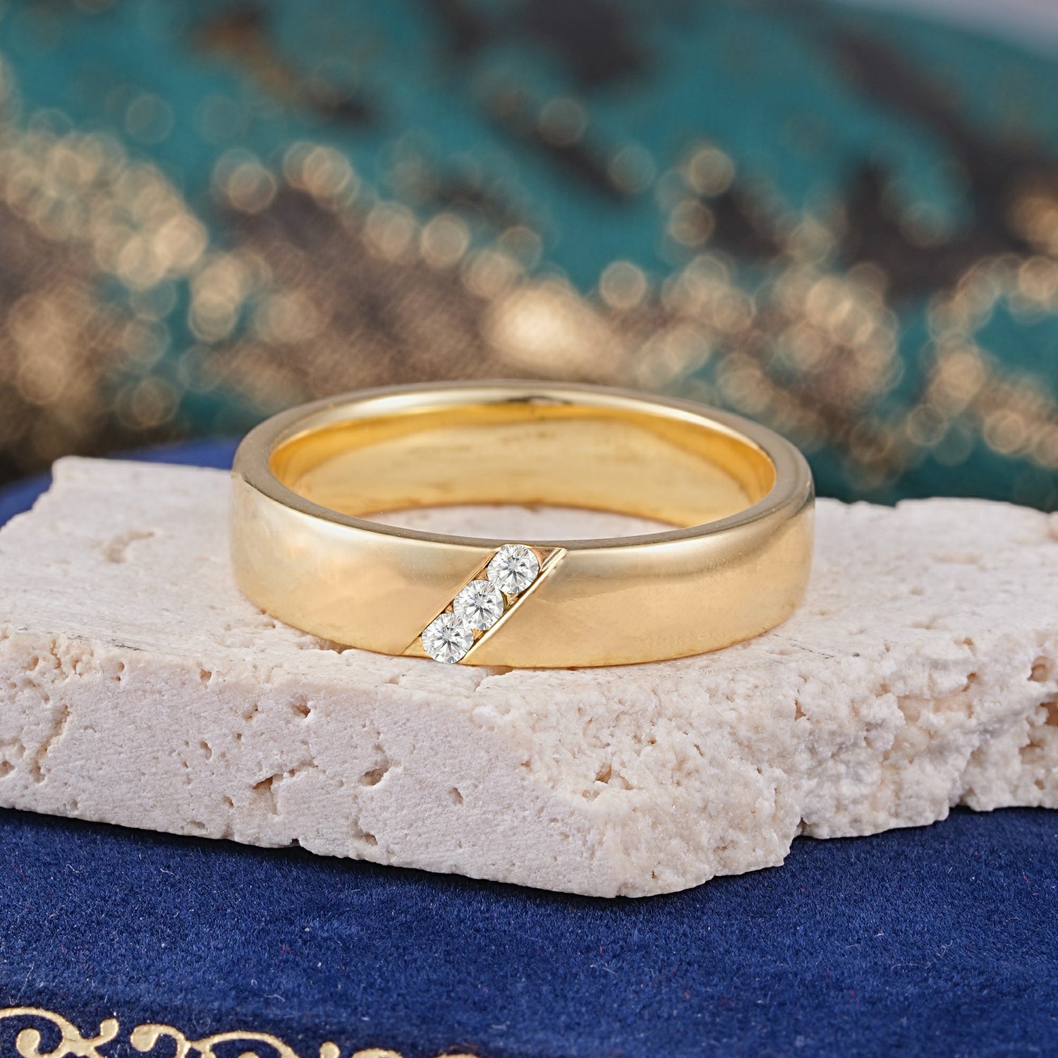 Vintage Three Stone Diagonal Moissanite Wedding Band - Additional view