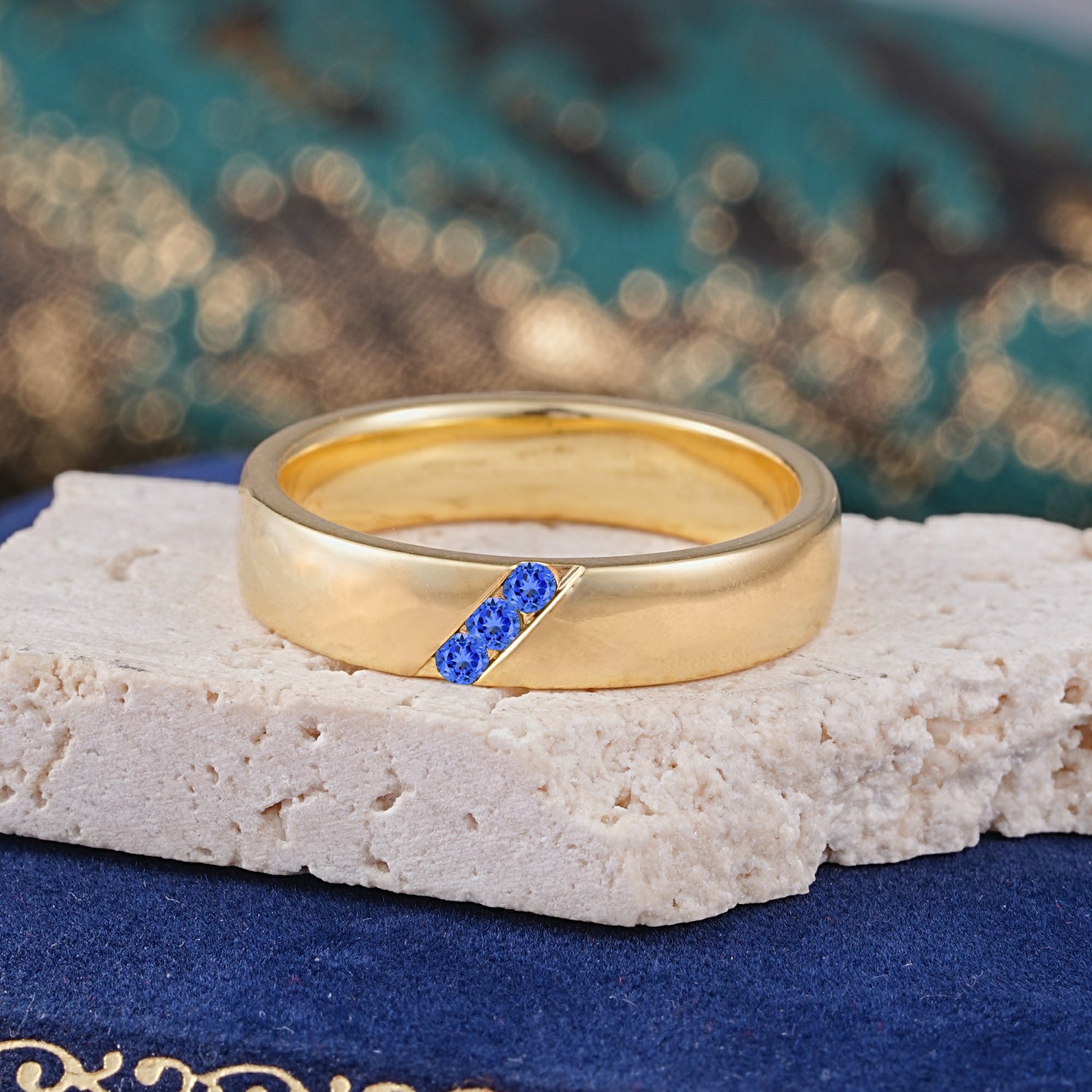Vintage Three Stone Diagonal Sapphire Wedding Band - Additional view