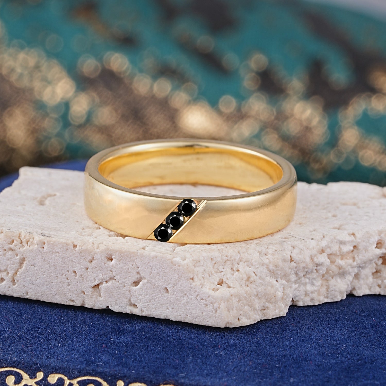 Vintage Three Stone Diagonal Black Onyx Wedding Band - Additional view