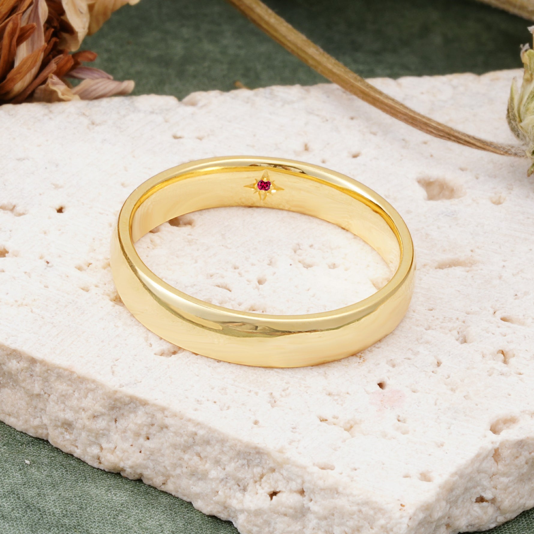 Vintage Hidden Starburst Single Ruby Domed Men's Wedding Band - Additional view
