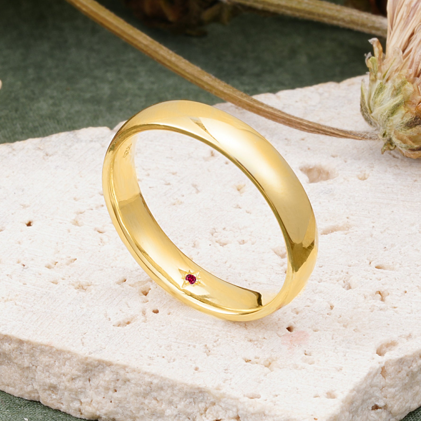 Vintage Hidden Starburst Single Ruby Domed Men's Wedding Band - Additional view