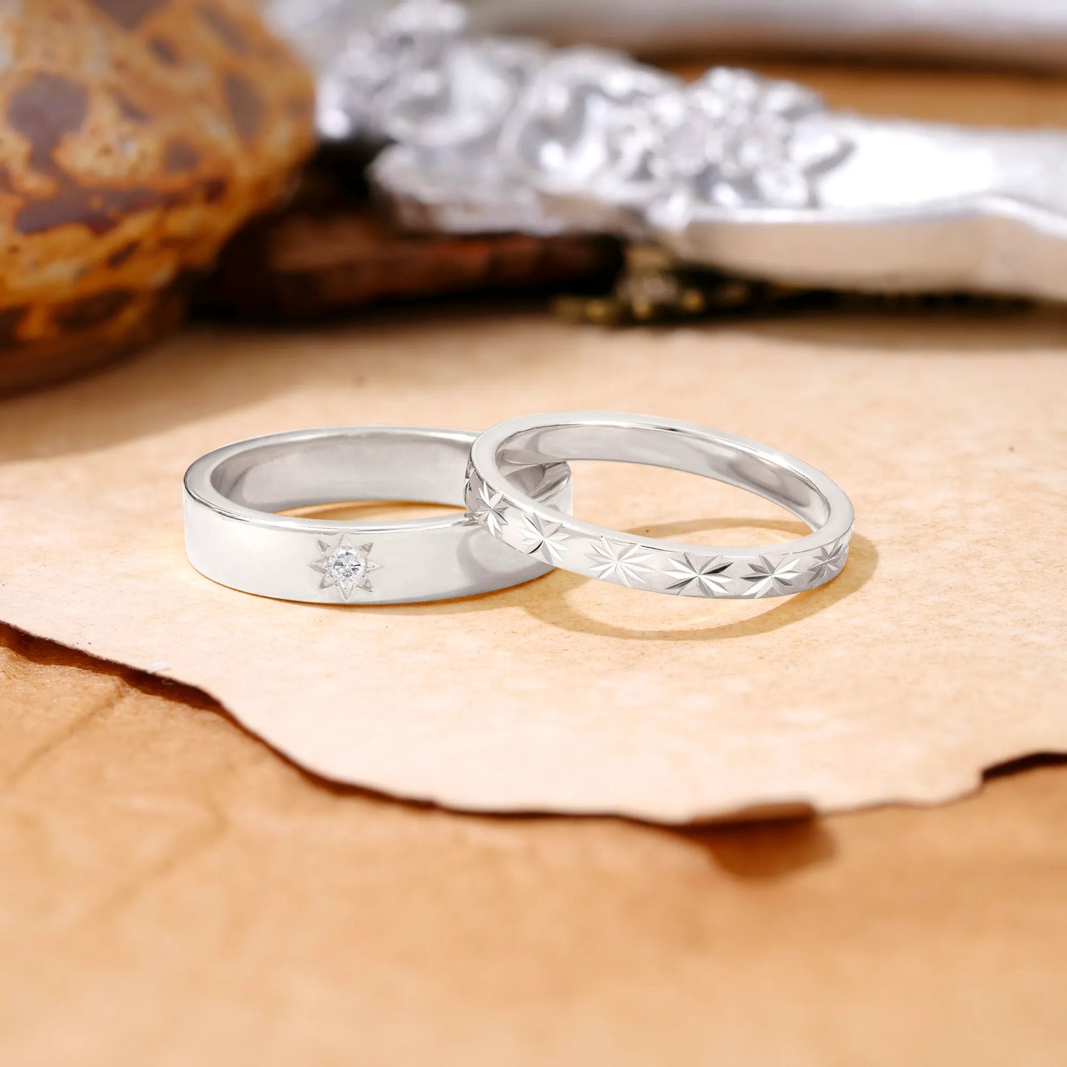 Minimalist Round Cut Starburst-Accented Moissanite Wedding Ring for Couples