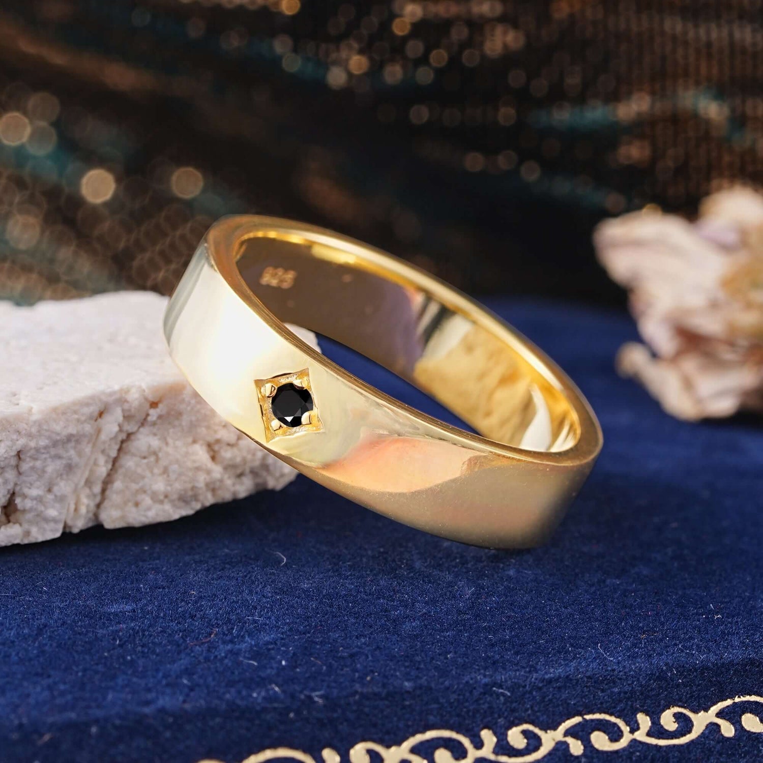 Minimalist Diamond-Shaped Black Onyx Mens Engagement Rings